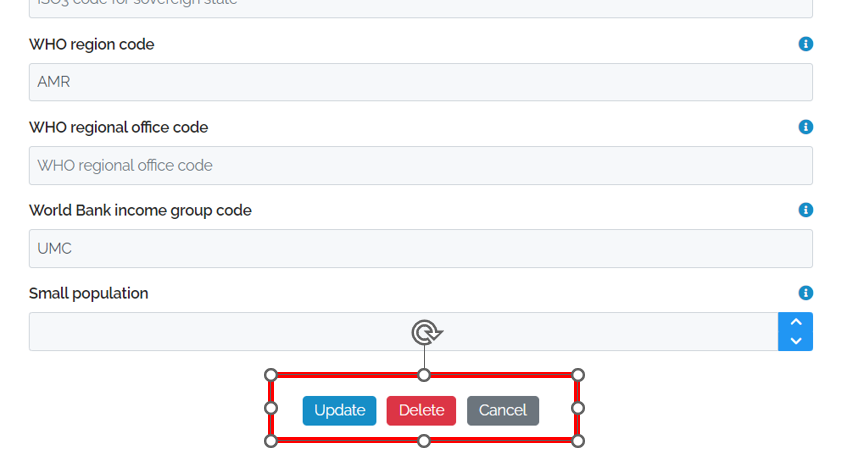 Image showing the bottom of the Data Edit Form for Cuba with a box around three action buttons marked Update, Delete and Cancel 