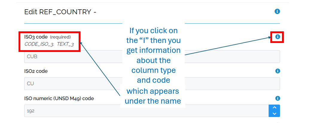 Image showing the Data Edit Form for Cuba with a blue "i" in a circle highlighted and underneath the column title on the left there is now the column code and type. The caption reads "If you click on the "i" then you get more information about the column type and code which appears under the name