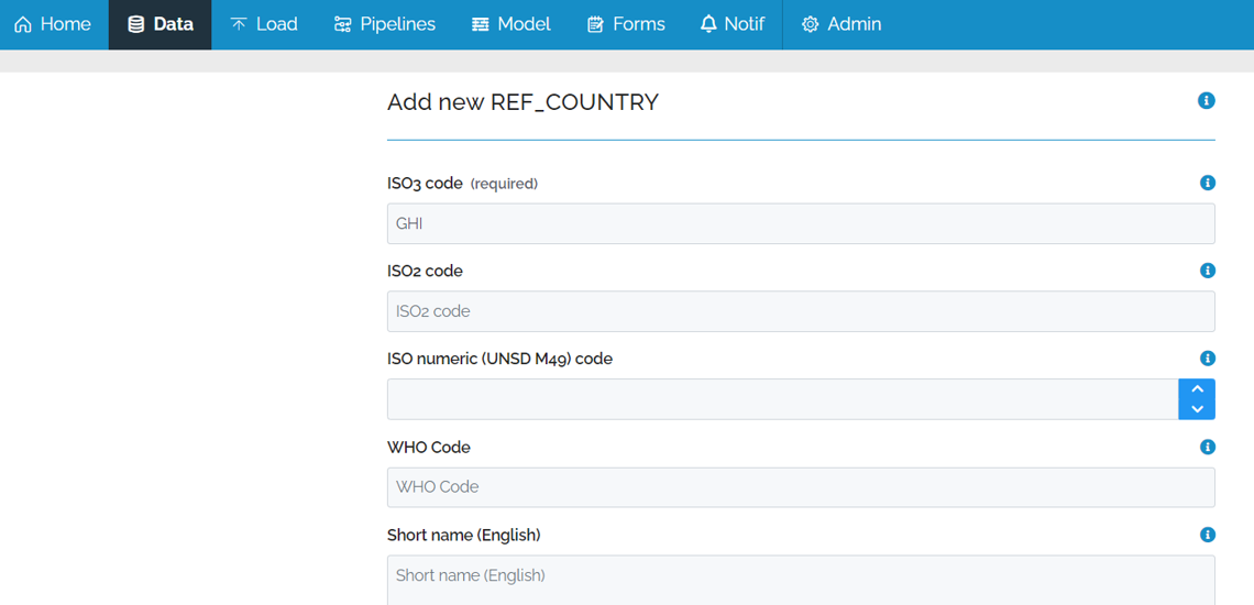 Image showing the Data Add Form. The all of the fields are displayed. The only populated field is the ISO3 Code and it is populated with "GHI"