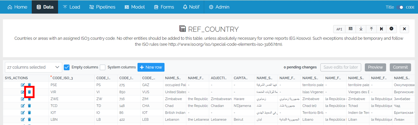 Image showing the Data Edit Grid with a red box around the dustbin icon for the record "VIR" 