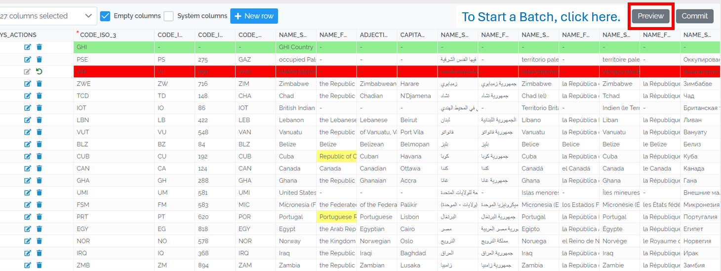 Image showing the Data Edit Grid with the Preview and Commit buttons in the top right. There is a red box around the Preview button with the caption "To Start a Batch, click here"