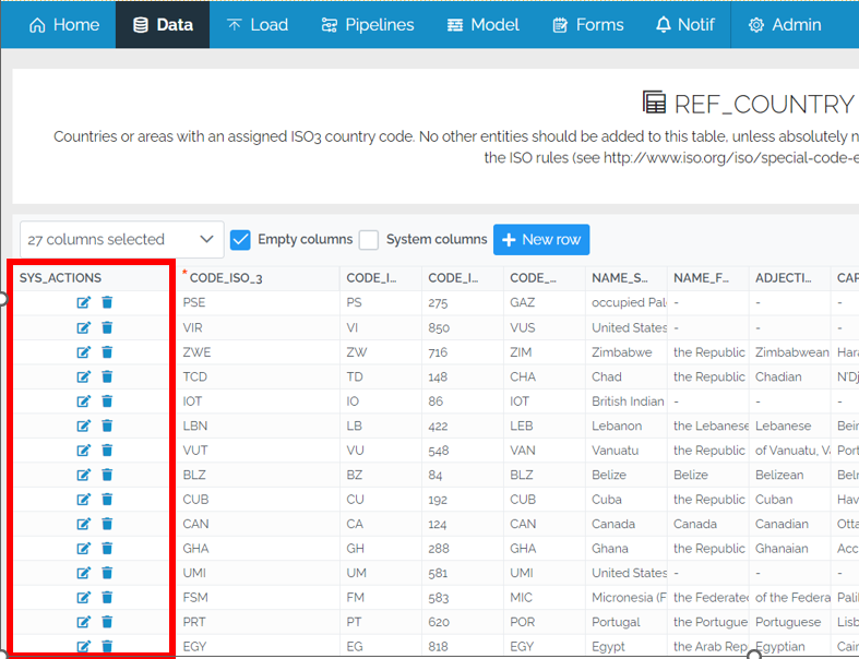 Image showing the Data Edit Grid and indicating the location of the Sys_Actions column on the left