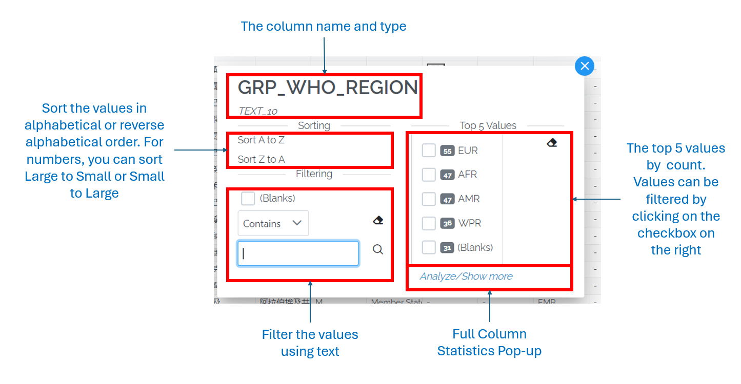 Image showing the Data Column pop-up. In the top right are the column name and type underneath is the sorting which sort the values. In this case, the column is text so it offers the choice to sort in alphabetical or reverse alphabetical order. For numbers, the options are Large to Small or Small to Large. Underneath that is the filtering using text and to the right are the top 5 values with the number of records with those value. Underneath is the link to the "Analyze/Show more" button which brings up the "Full Column Statistics" pop-up