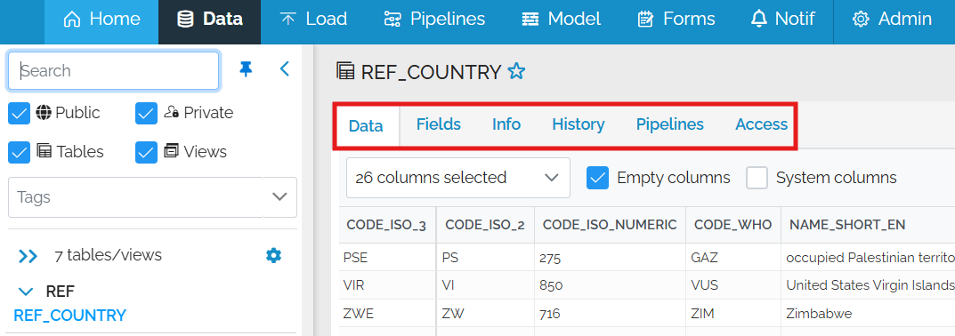 Image showing the data page with a red box around the tabs