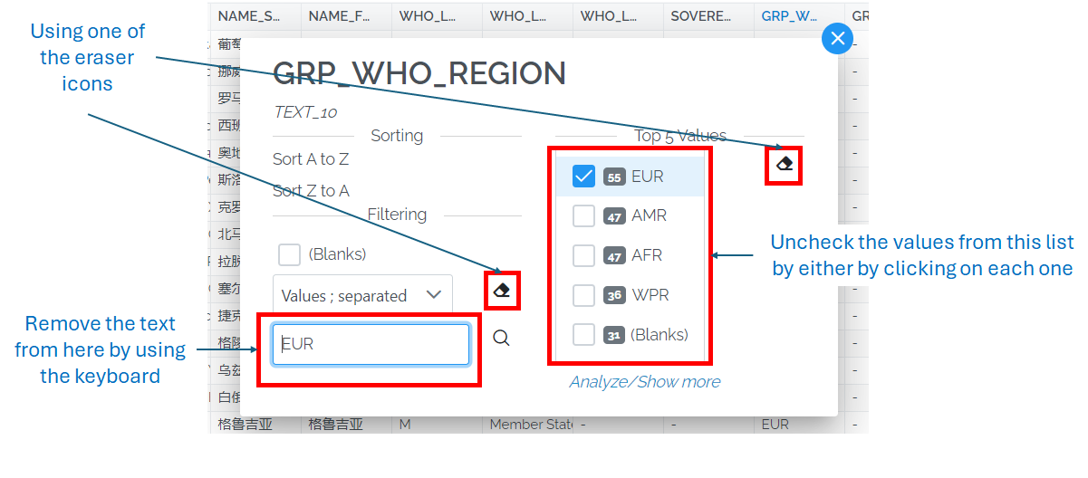 Image showing the 2 eraser icons, the option to uncheck the filterand the option to erase the text in the text box
