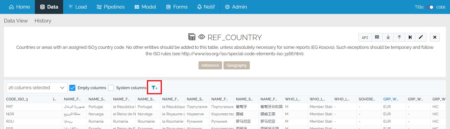 Image showing the blue filter with a cross next to it on the Data View page