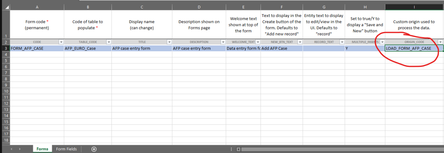 IMage showing the column to put the custom origin in the Excel file