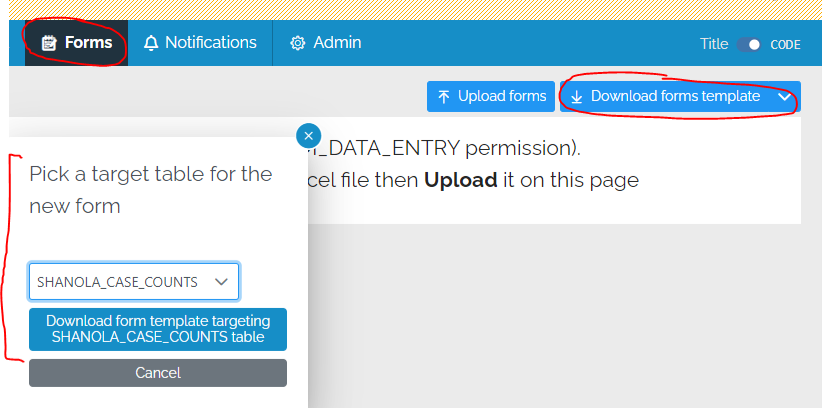 Image showing the "Download forms template" button and the table selector