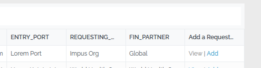 Image showing one line at the top of the Data View Grid. There is a column titled 'Add Request' with two options in text, 'View', which is in black and 'Add' which is in blue