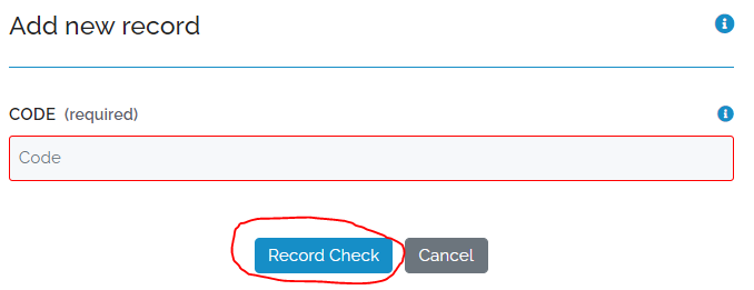 Image showing a form with the "Record Check" button circled after the Primary Keys have been entered