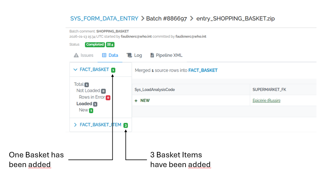 Image showing the Basket form and at the bottom is the Basket Items form with a red box around it. There are 3 rows in the subform