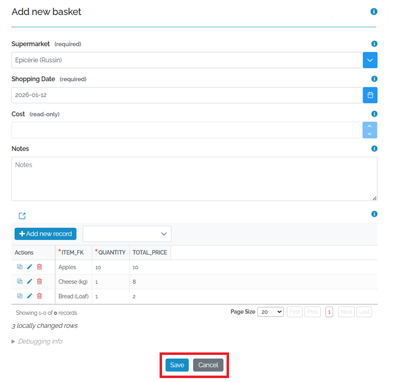 Image showing the Basket form and at the bottom is the Basket Items form with a red box around it. There are 3 rows in the subform