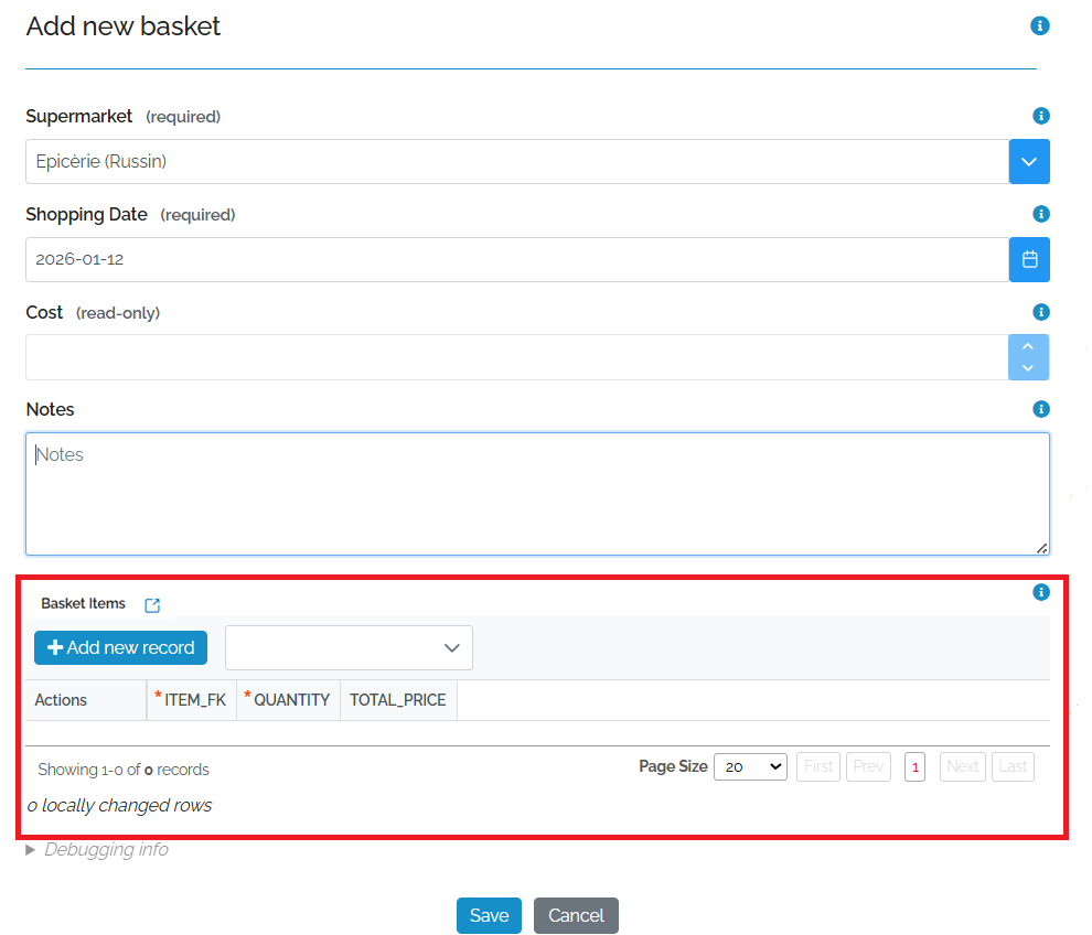 Image showing the Basket form and at the bottom is the Basket Items form with a red box around it.