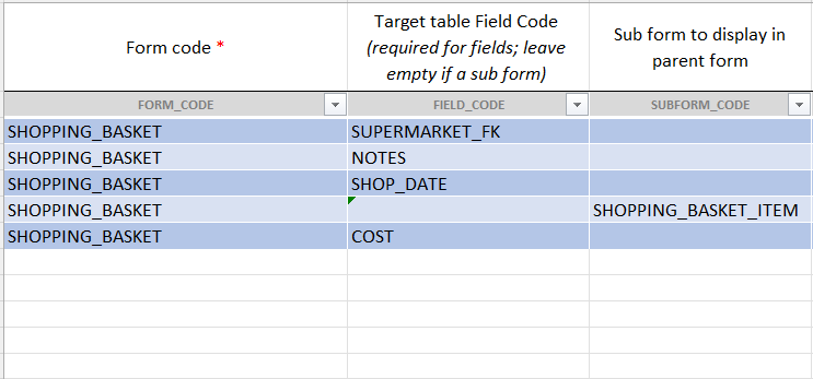 Image showing the Excel with the custom subform in subforms column .