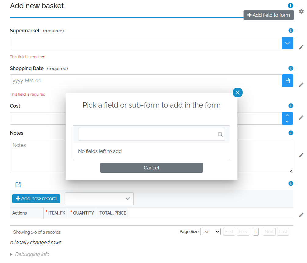 Image showing that once the Shopping Basket Item form has been added, the list of forms which can be added to the Shopping Basket form is empty.