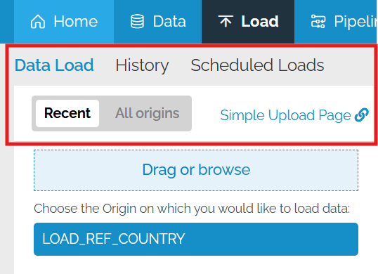 Image shoing the actions available on the Data Load page