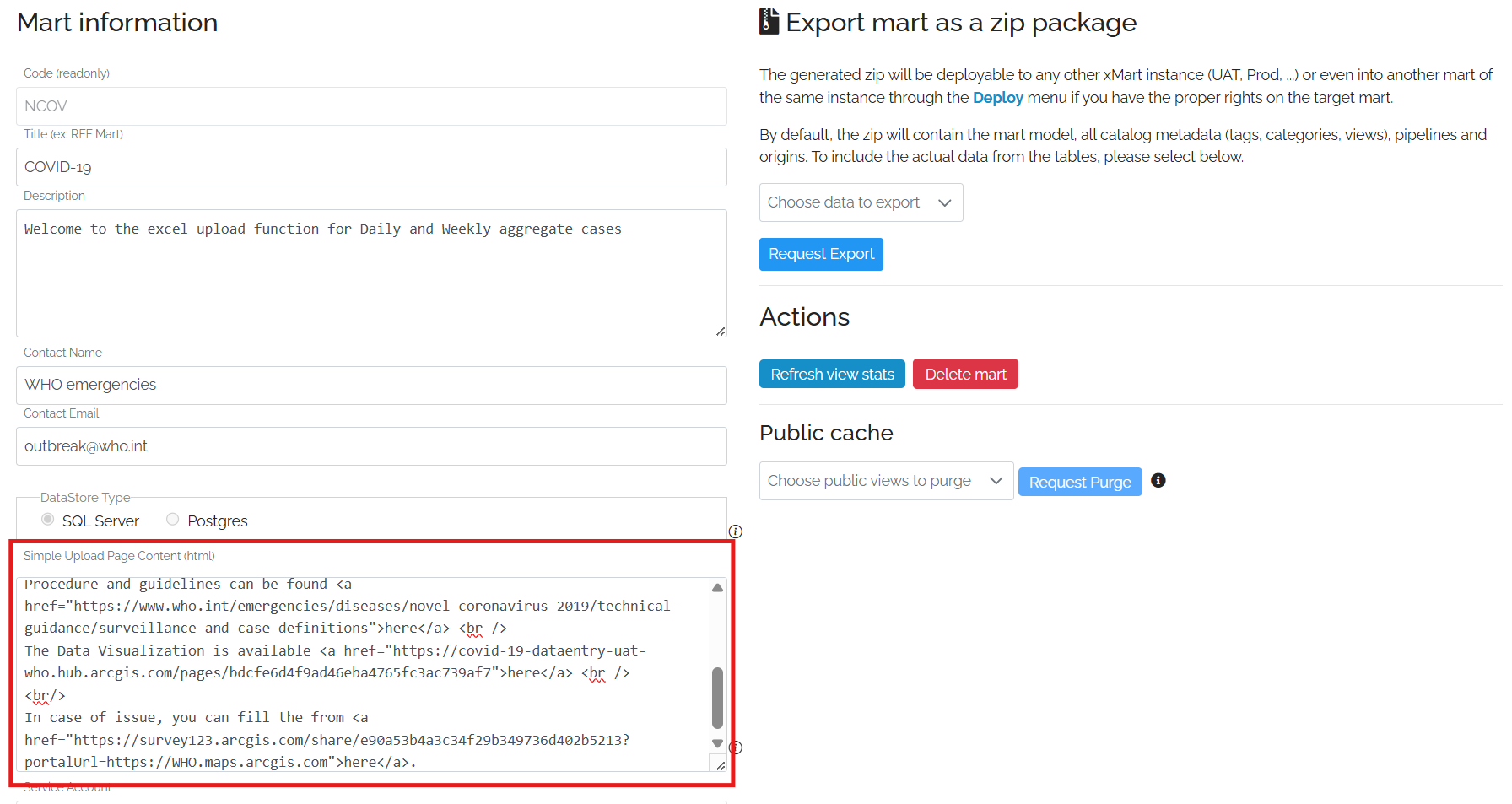 Image showing the Mart page with a box around the Simple Upload Page Configuration area