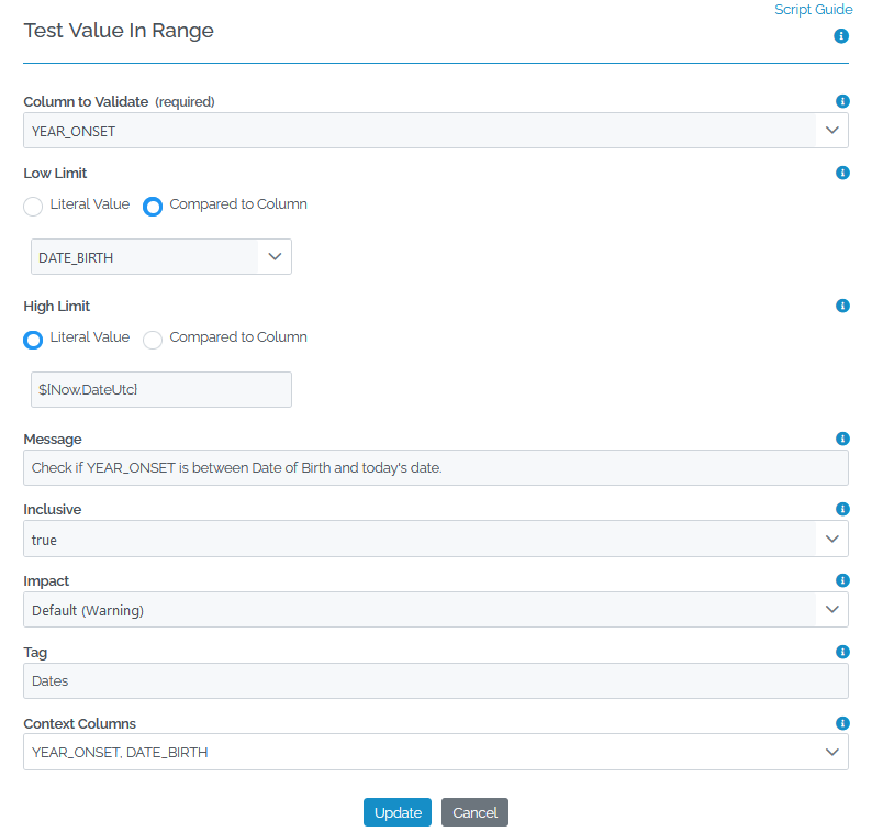 Image showing the screen for setting a TestValueInRange rule with data