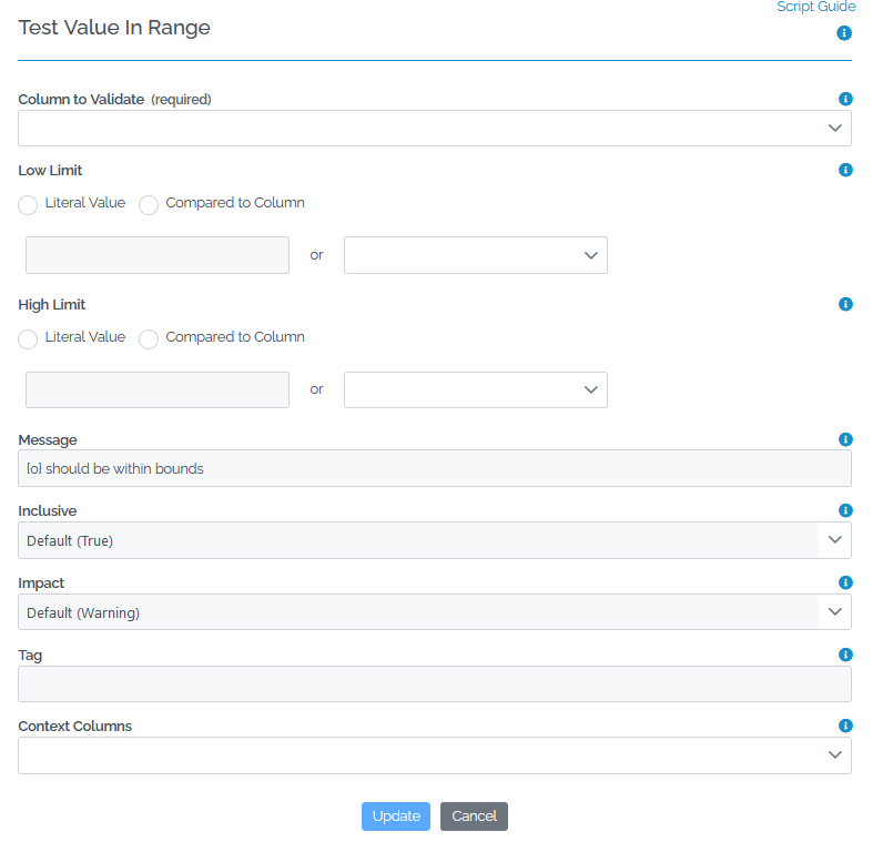 Image showing the options for Test Value in Range