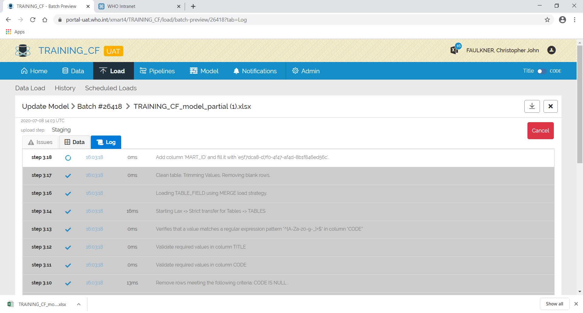 Image showing the Log status of the Model UI batch which was started by clicking Preview