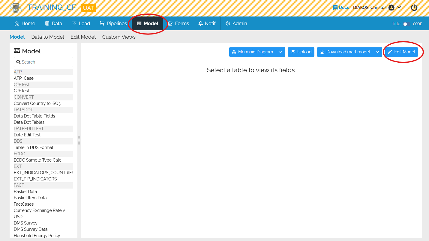 Image showing the xMart menus with Model and Edit Model circled in Red