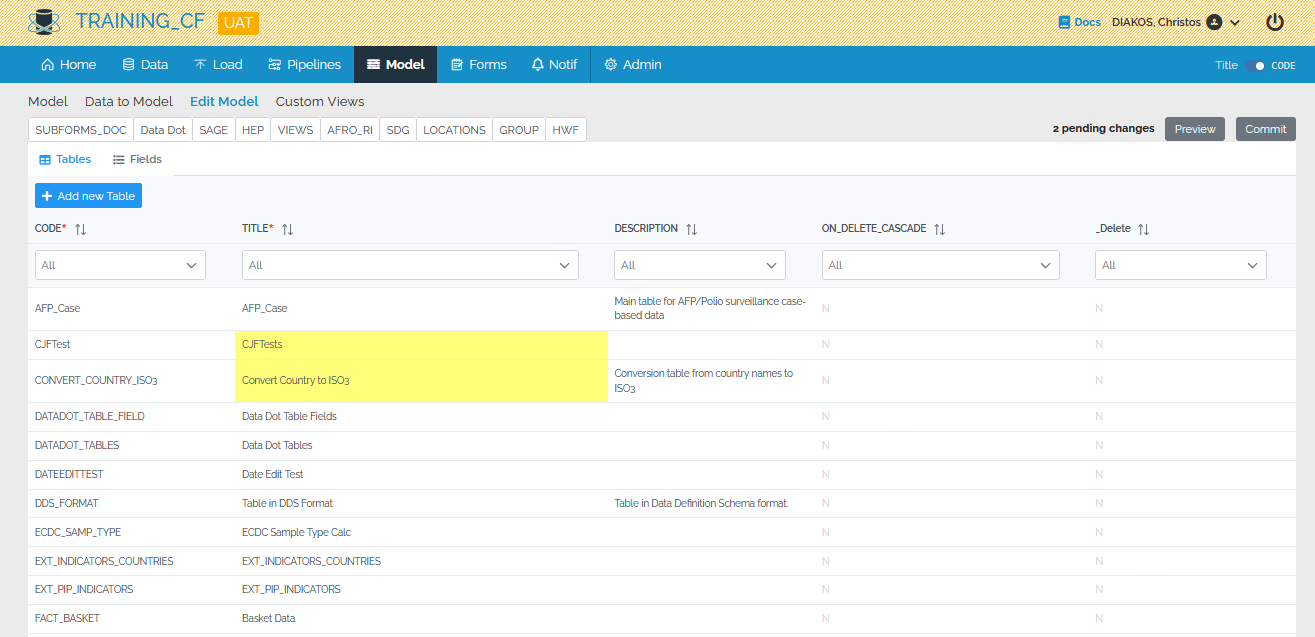 Image showing the highlighted changed tables