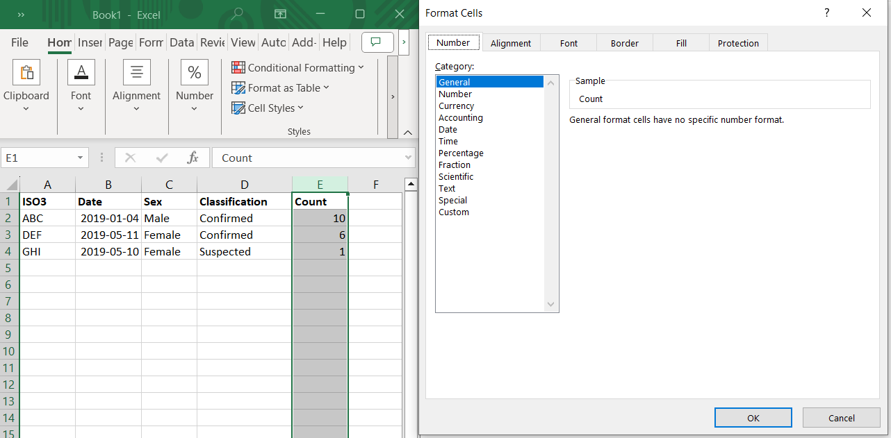 Image showing an Excel spreadsheet with the format Cells boy on the data type selection tab