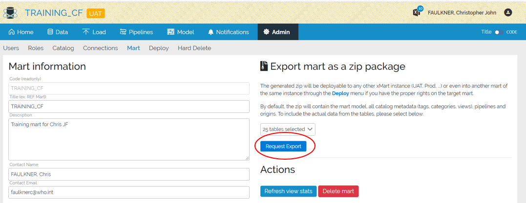 Image highlighting the Request Export button