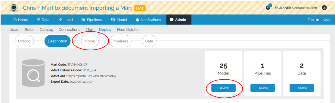 image showing the statistics for the mart about to be imported