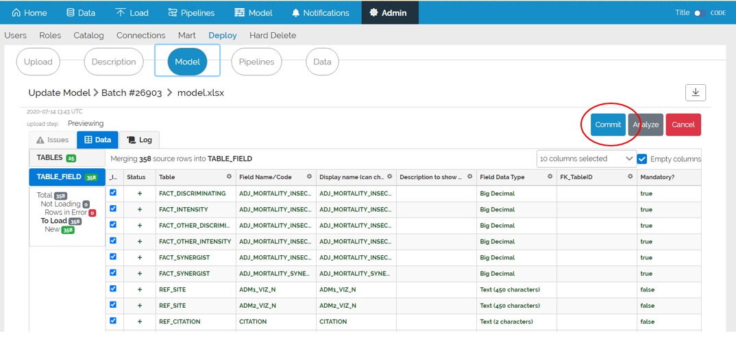IMage showing the batch preview page for the model import