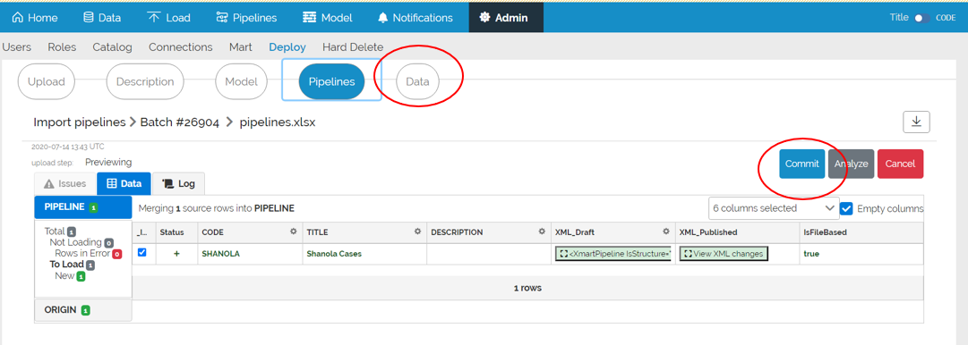 IMage showing the pipeline batch preview with a circle around the Commit button and a circle around the Data button