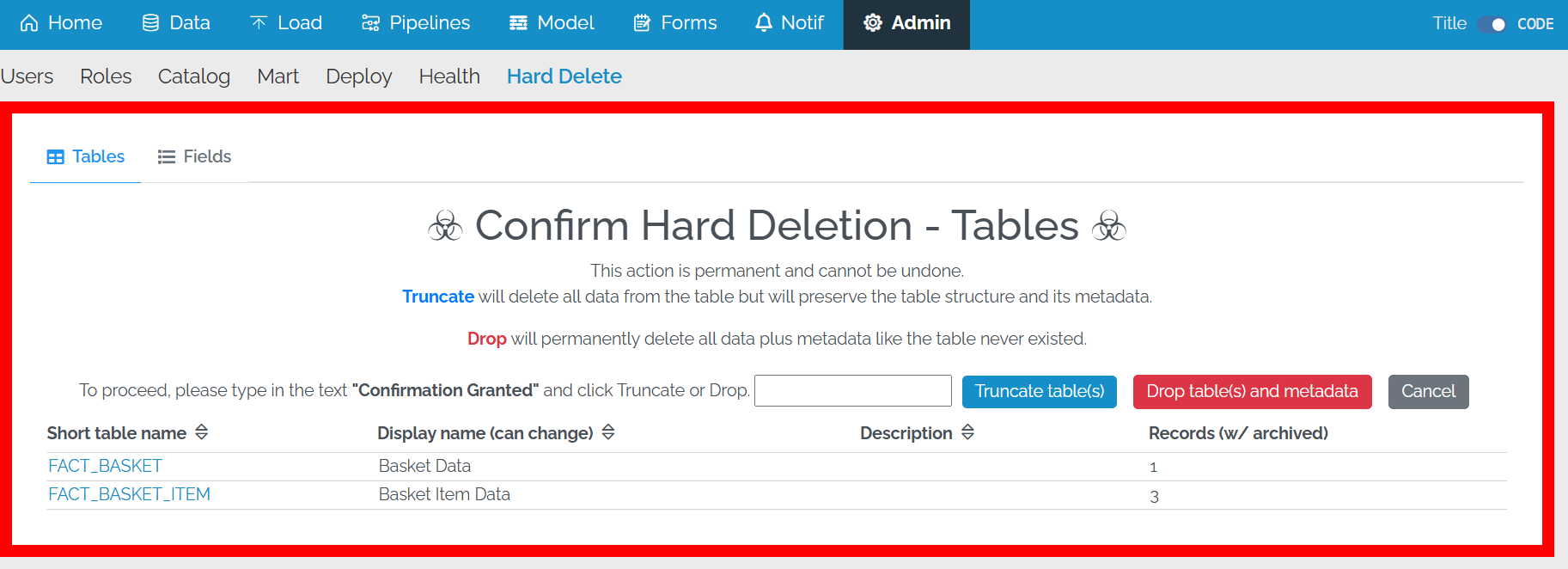 Image showing the Confirm Hard Delete screen