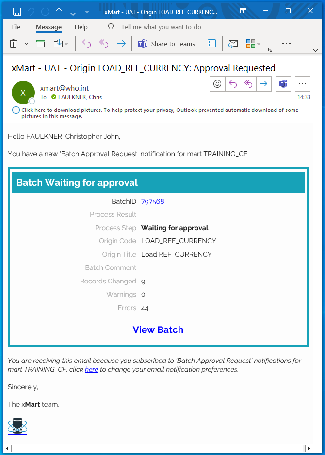 Image showing an example of the Approval email