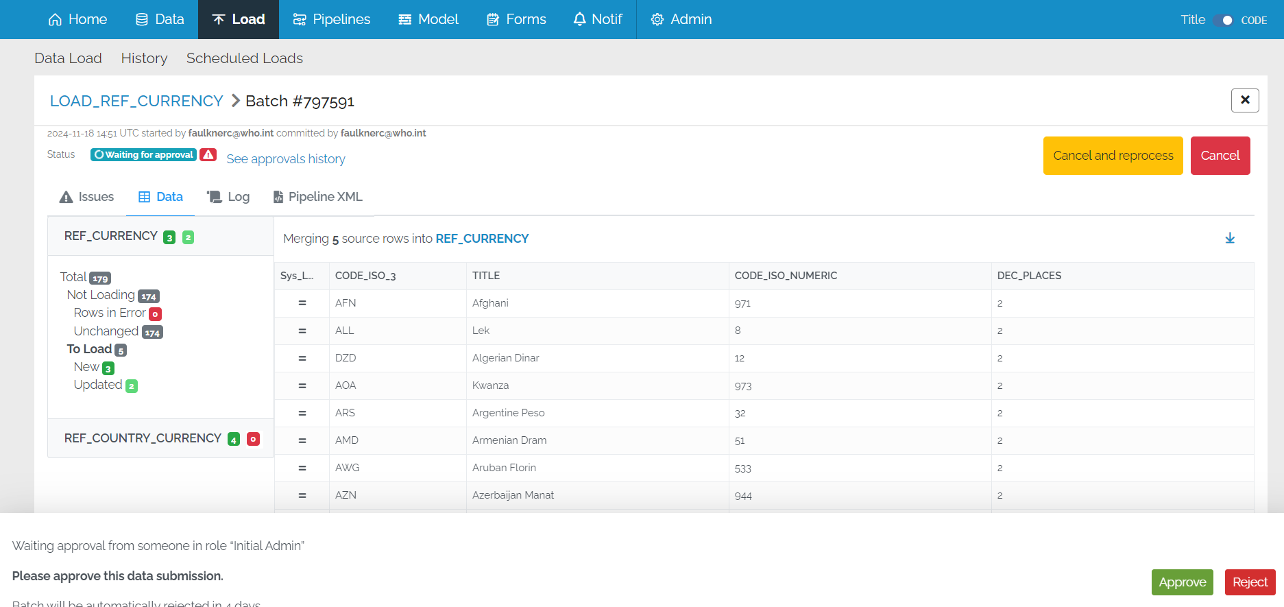 Image showing the batch with a box at the bottom asking for the user to Approve the batch. There are 2 options, Accept or Reject