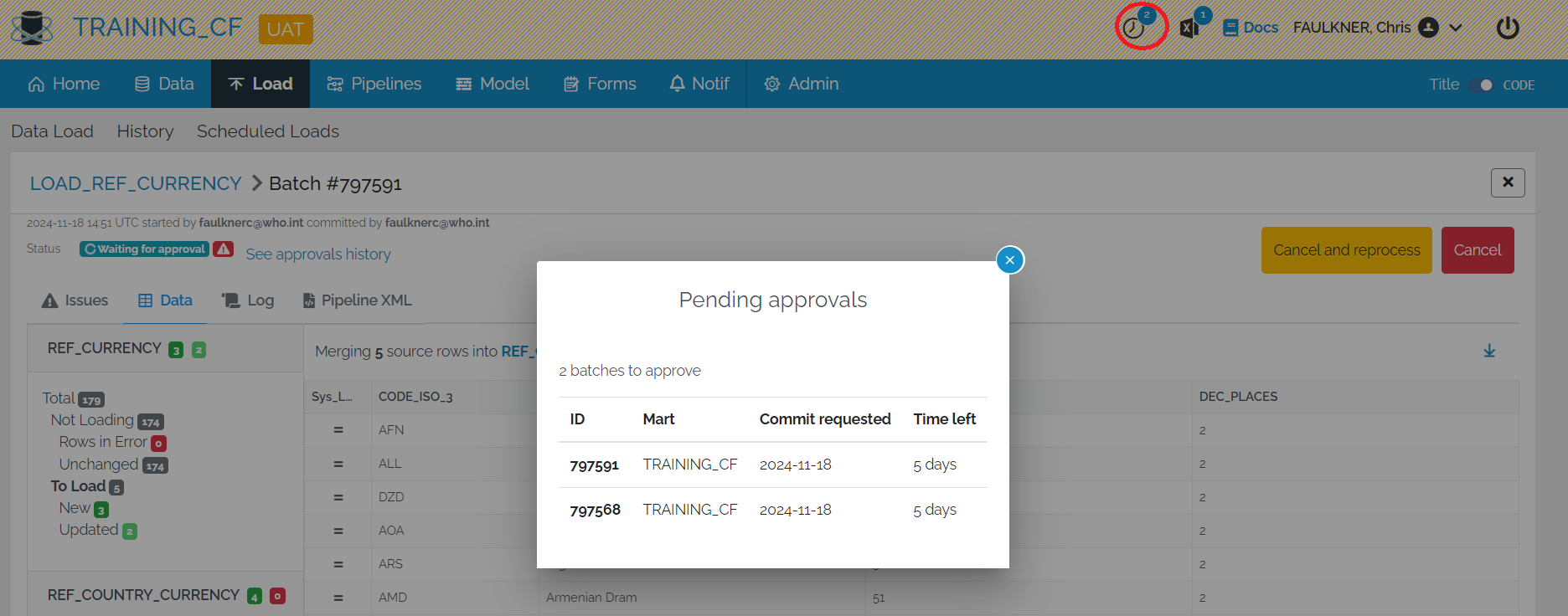 Image showing the Batch Approvals button in the top right with a red circle around it and a list of the batches waiting for approval