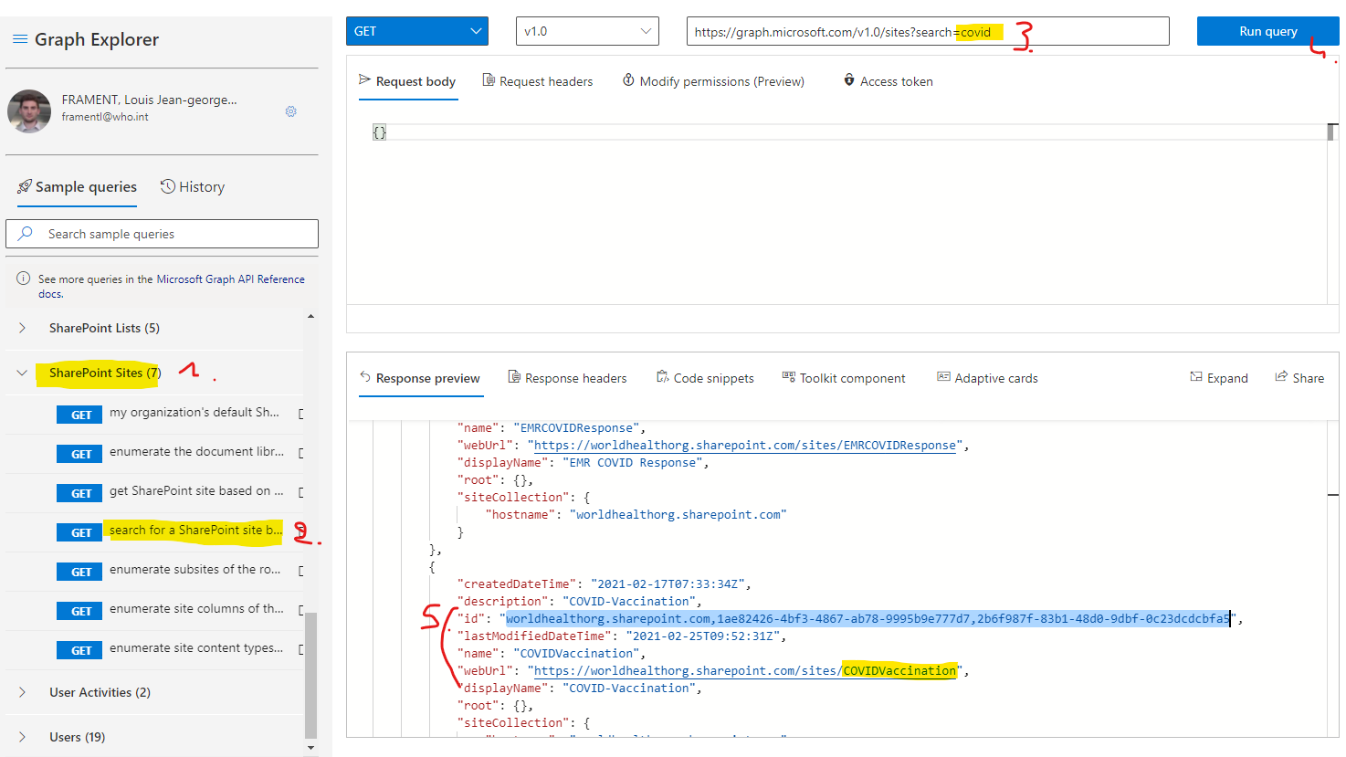 Microsoft Graph API explorer, search sites