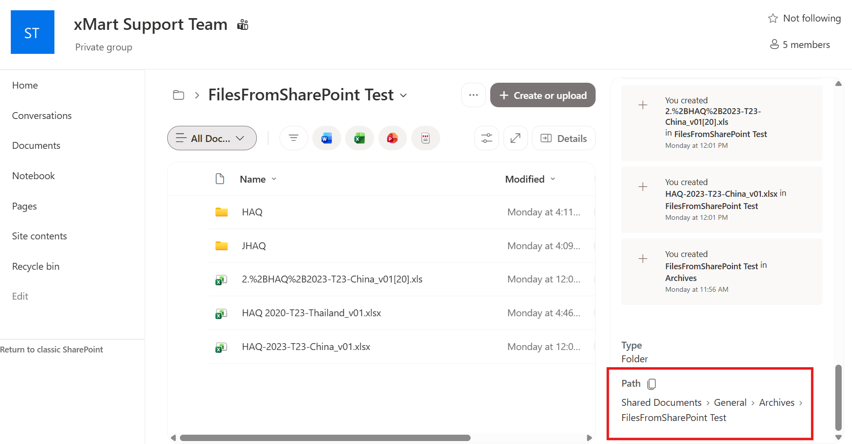Image showing the location of the Folder Path on the SharePoint page
