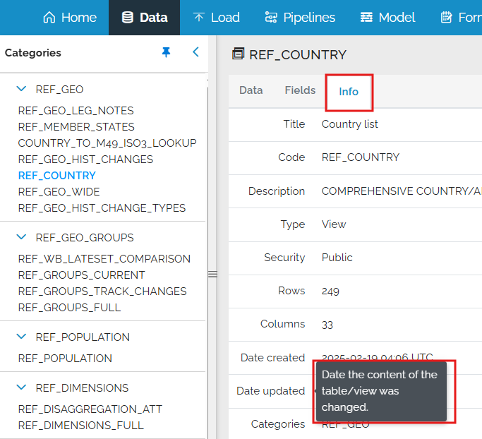data page Info tab