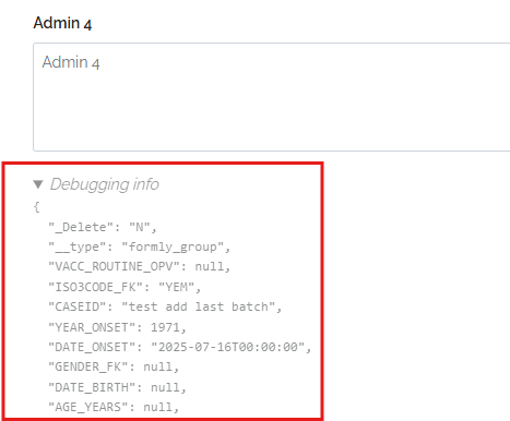 Debugging info shows underlying JSON data of the record