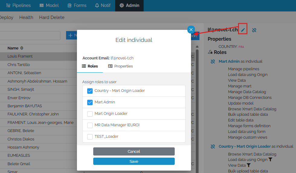 unified user interface for editing the roles and properties of a user