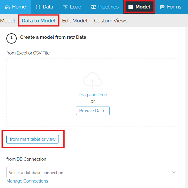 data to model from mart table or view