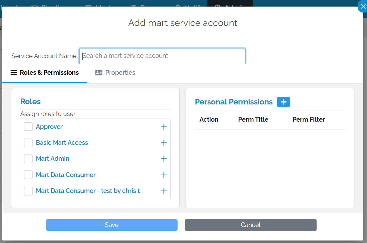 Image showing pop-up with the title of "Add mart service account". Underneath is a single-line field titled "Service account name" which is empty. Underneath is a list of all of the roles in the mart with an unchecked checkbox to the left