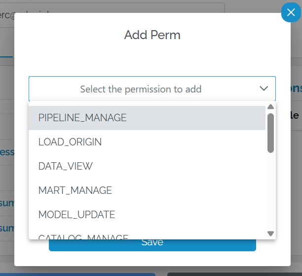 Image showing the "Add Perm" pop-up with the permissions drop-down extended.