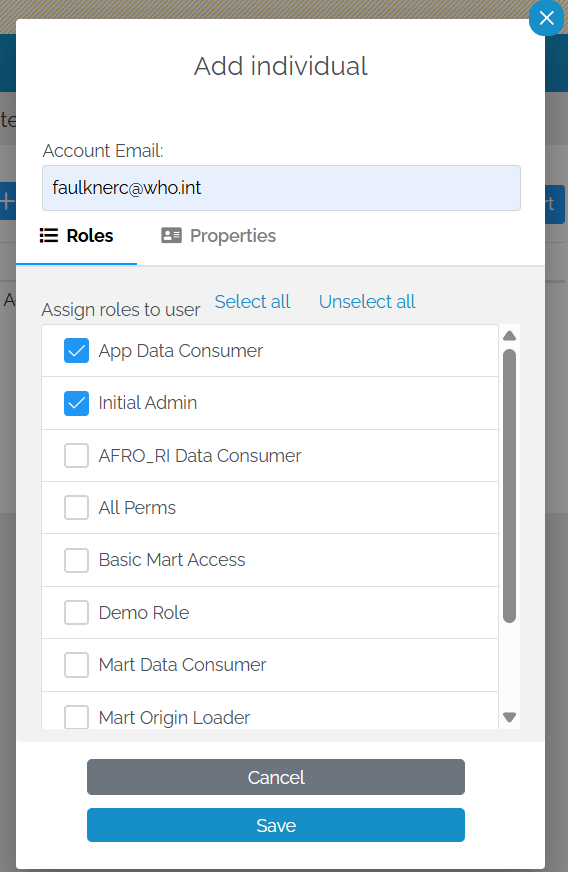 Image showing the "Add individual" pop-up with the cursor in the Account Email box. In the Account Email box is the name "faulknerc@who.int". The Roles tab has been selected and underneath, two roles have been selected, "App Data Consumer" and "Initial Admin".