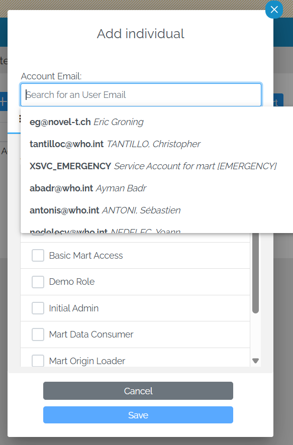 Image showing the "Add individual" pop-up with the cursor in the Account Email box and a list of users underneath.