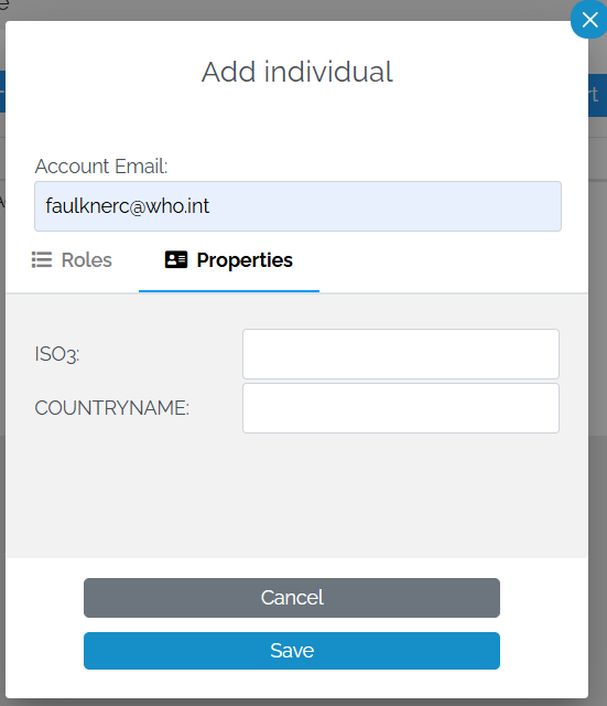 Image showing the "Add individual" pop-up with the cursor in the Account Email box. In the Account Email box is the name "faulknerc@who.int". The Properties tab has been selected and underneath are a list of the properties with no values.