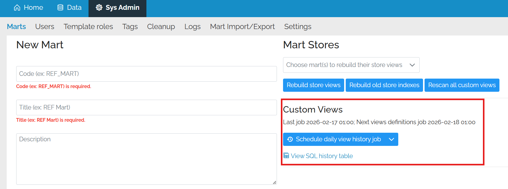 Image showing the new mart form. To the right is a red box around the "Custom Views" area
