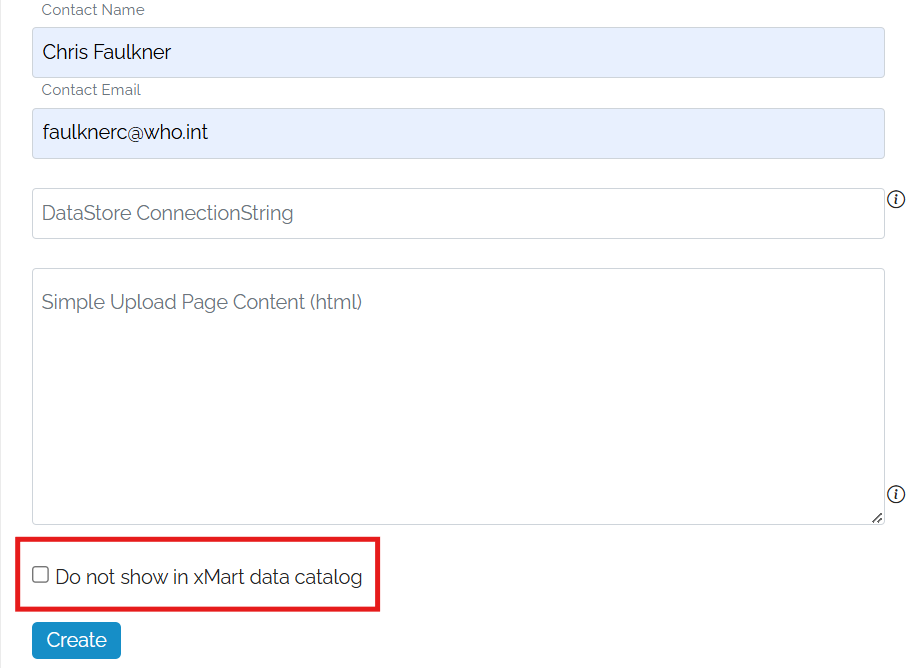 Image showing a box round the "Do not show in xMart data catalog" checkbox