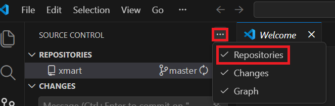 Image showing the Source Control menu with a red box round the Repositories option