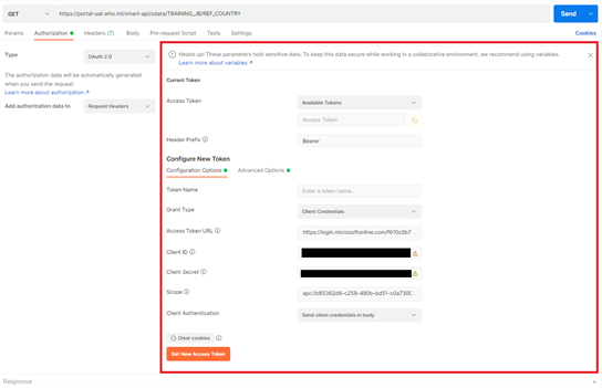 Image showing how to fill in the fields in the Authorization tab 